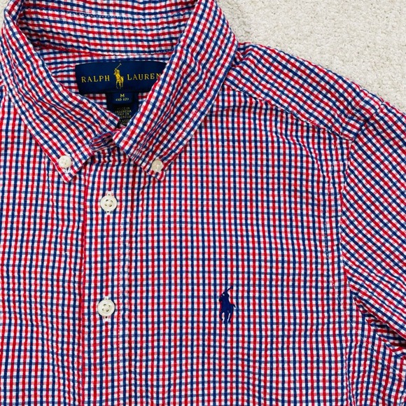Ralph Lauren Boys Gingham Seersucker Shirt Red White Blue Short Sleeve M 10-12 - Picture 3 of 8